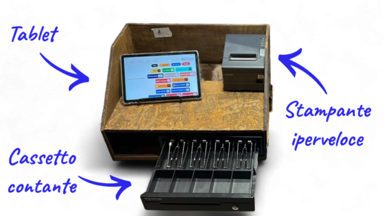 Configurazione completa del Kit FestaPOS a noleggio: tablet, stampante termica, cassa protettiva in legno e cassetto rendiresto