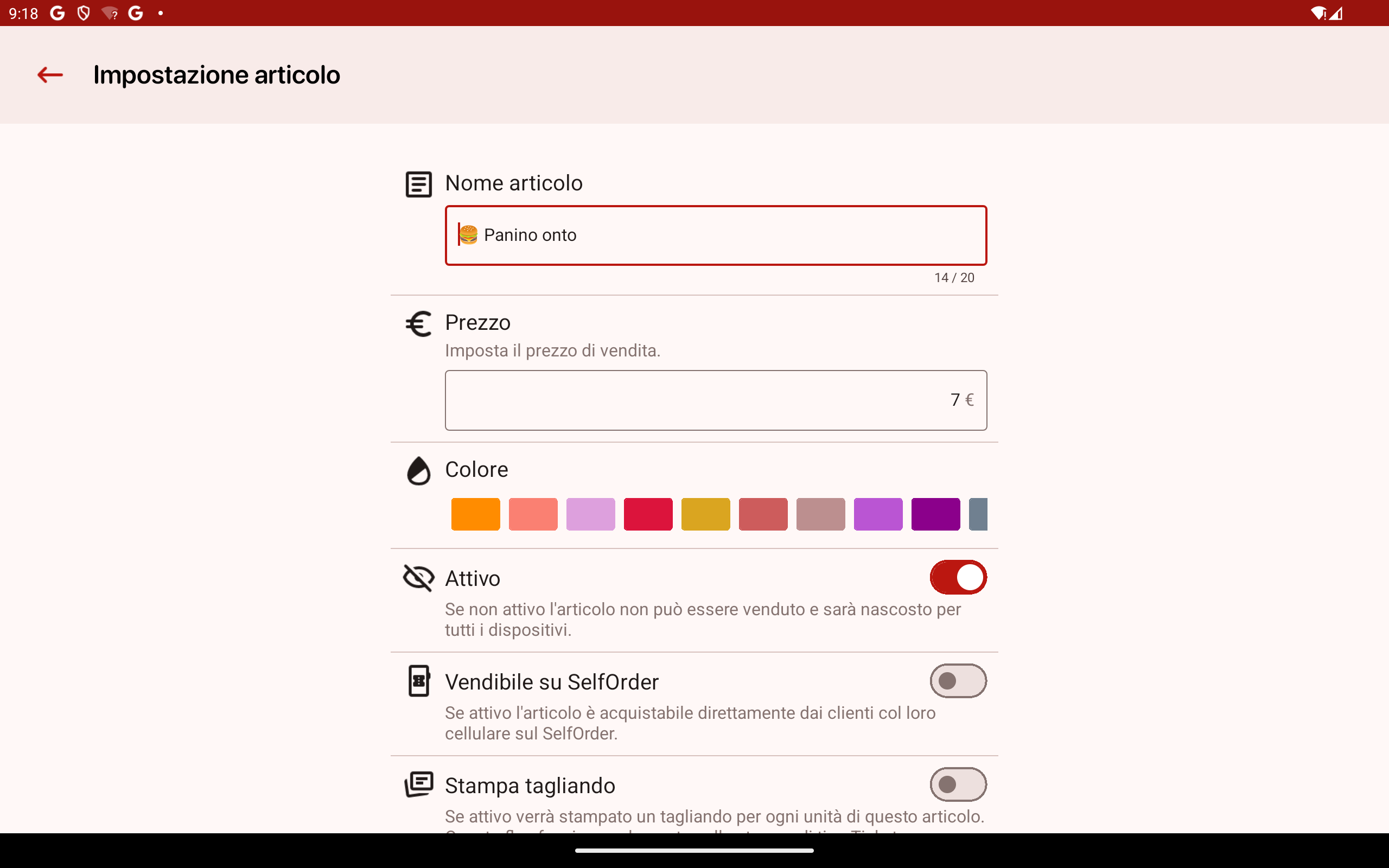 Impostazione dell'articolo di FestaPOS